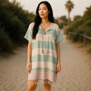 Pomegranate sz small Breezy Striped short tassel pink green caftan new SW60